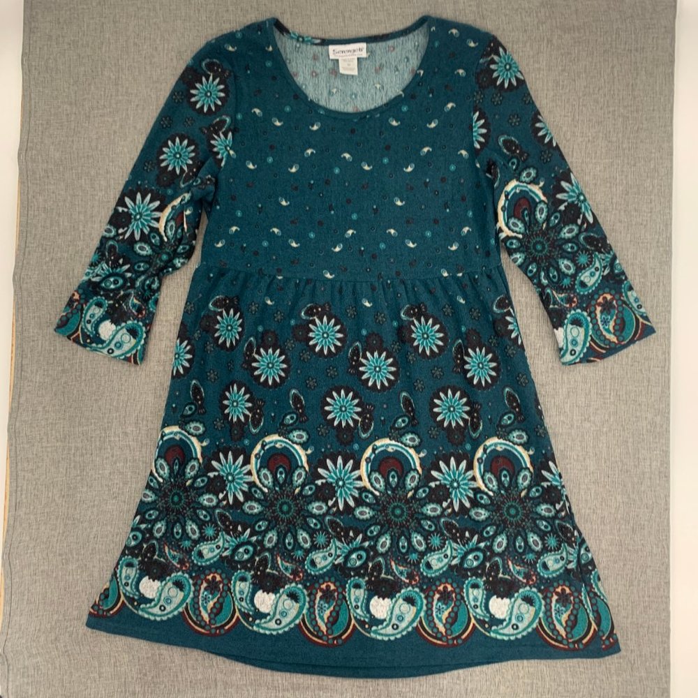 Serengeti Paisley Sweater Dress Medium Green Long Sleeve Round Neck